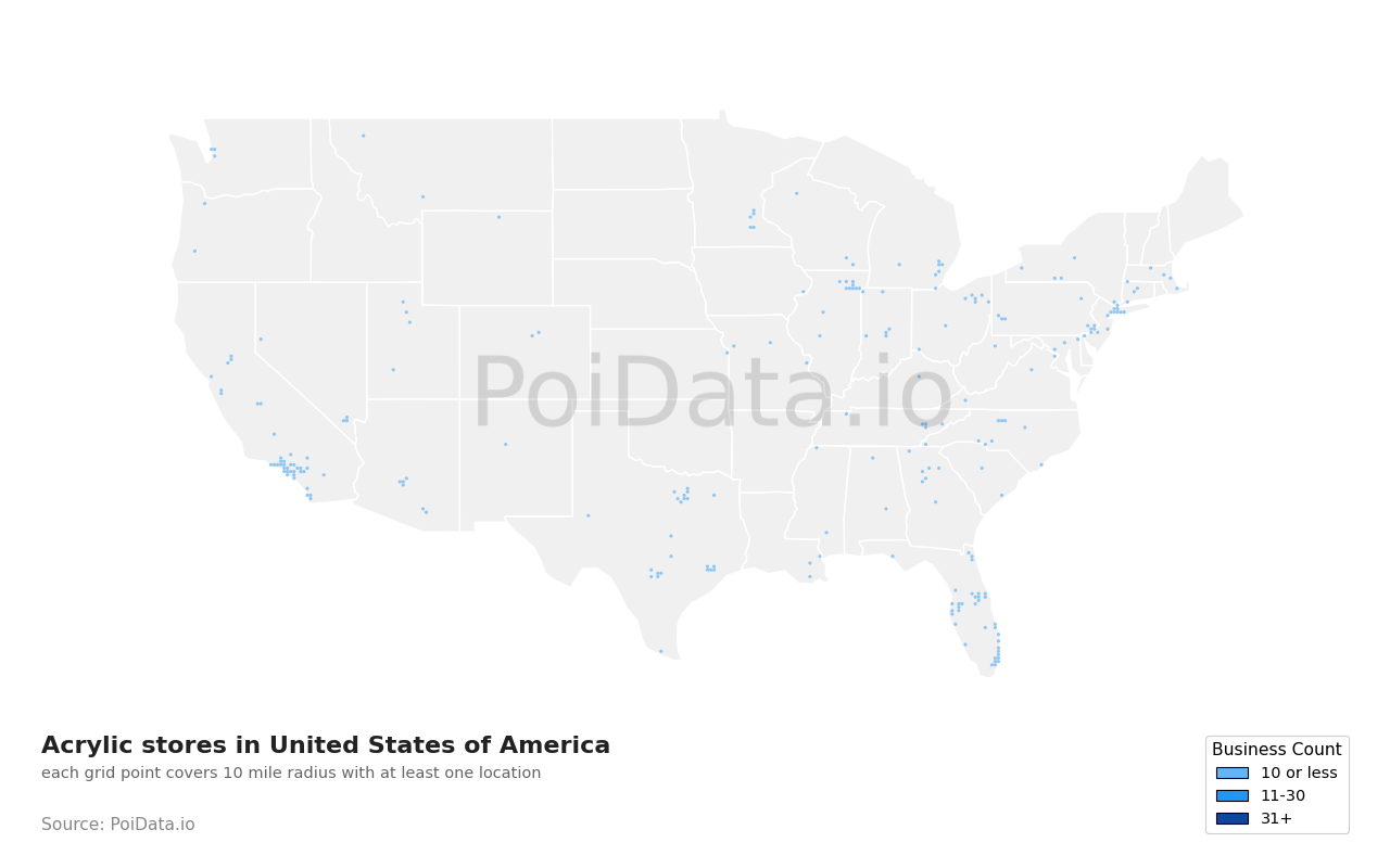 Acrylic store density map for California, United States