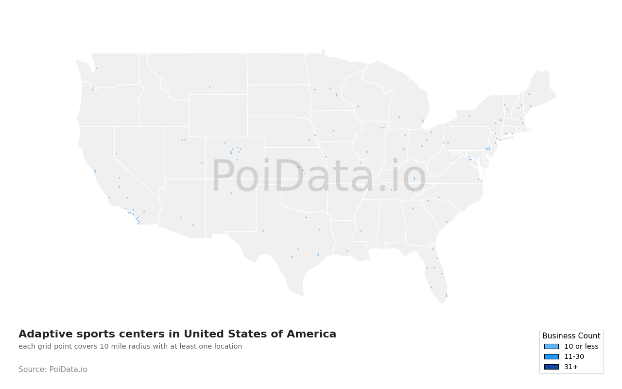 Adaptive sports center density map for Virginia, United States