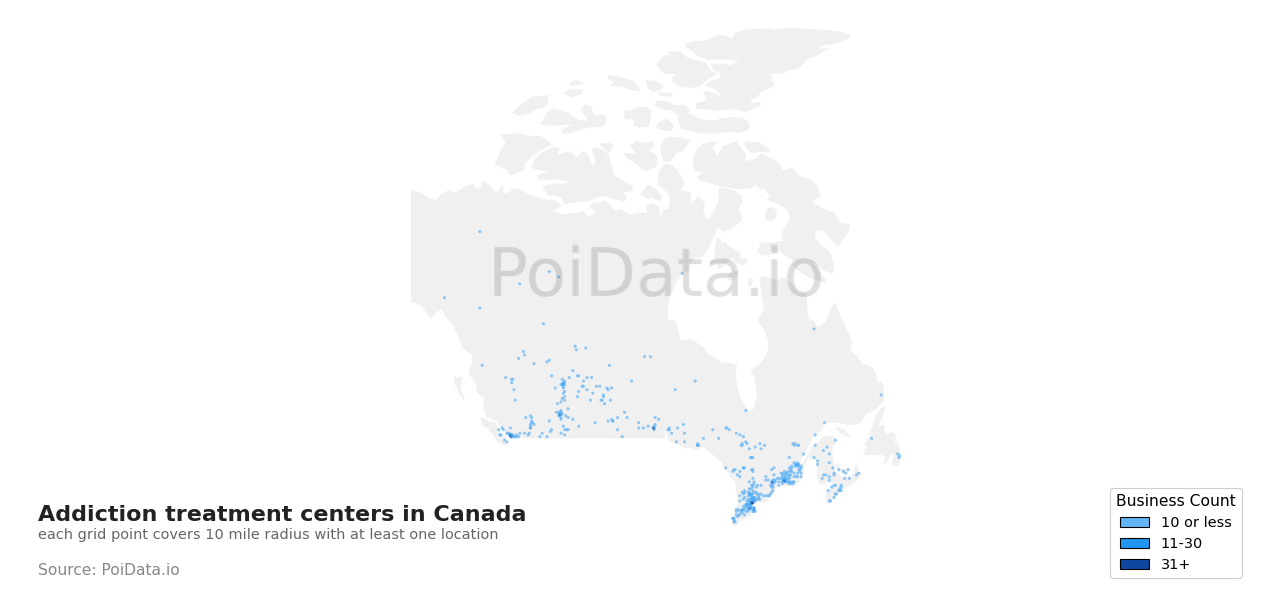 Addiction treatment center density map for Canada
