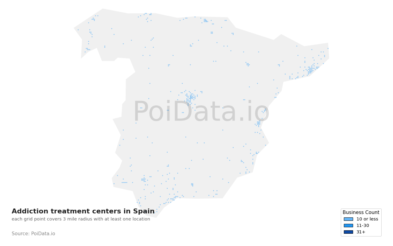 Addiction treatment center density map for Spain