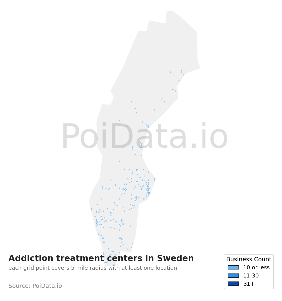 Addiction treatment center density map for Sweden