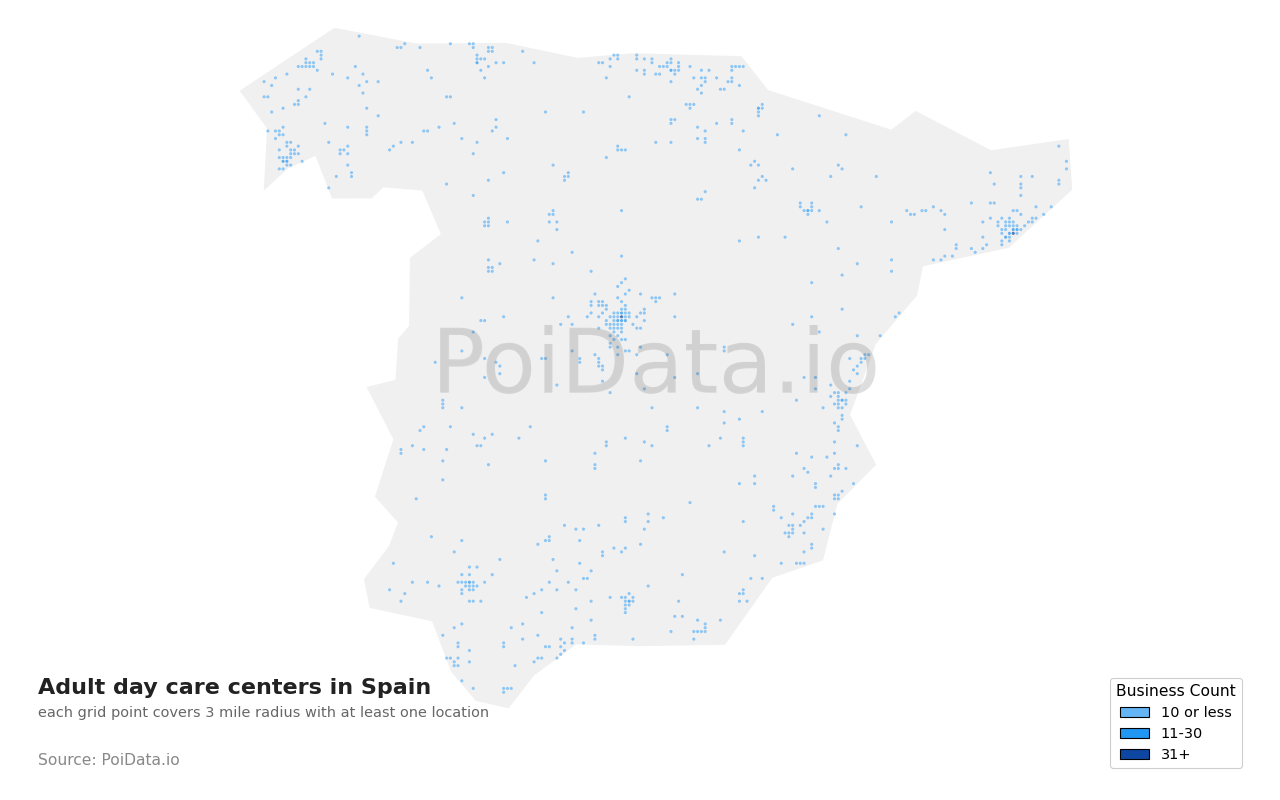 Adult day care center density map for Spain