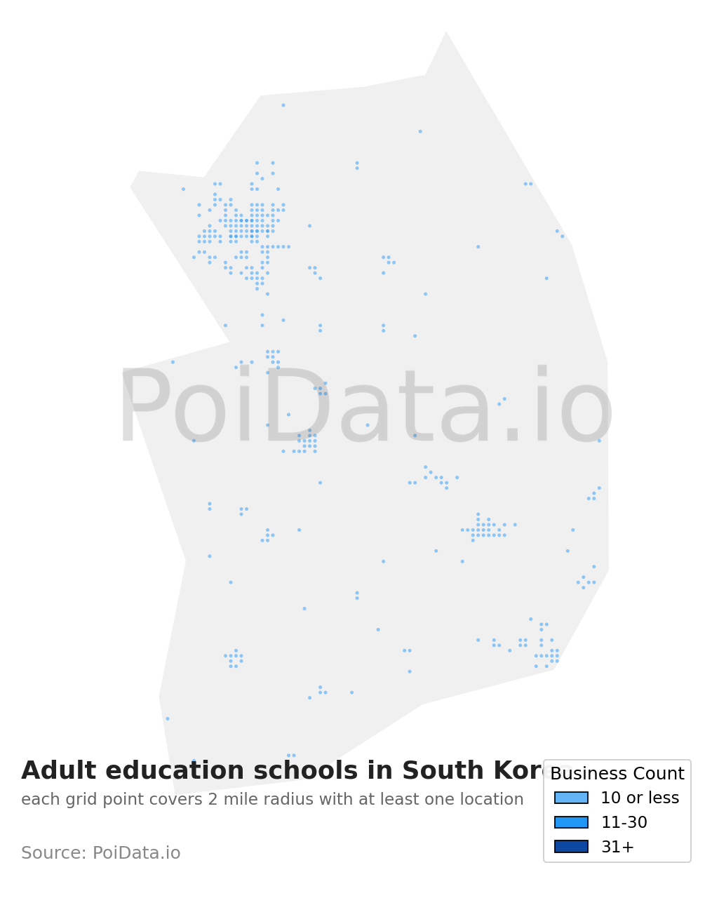 Adult education school density map for South Korea