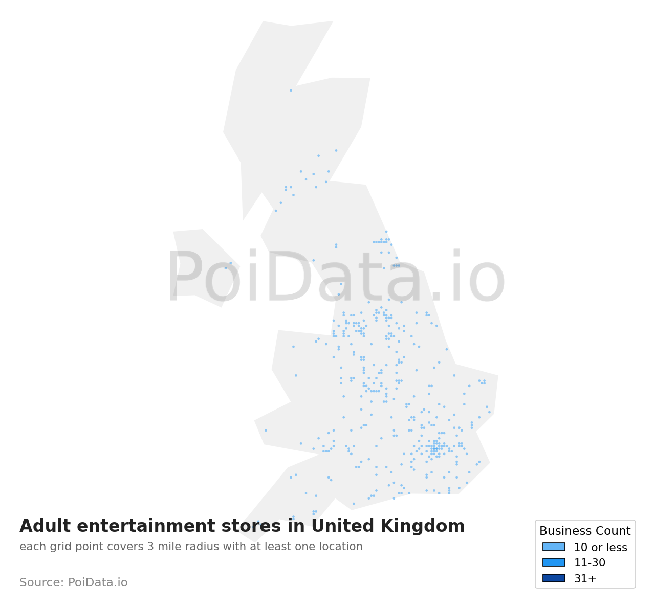 Adult entertainment store density map for United Kingdom