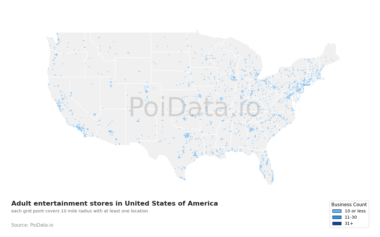 Adult entertainment store density map for United States