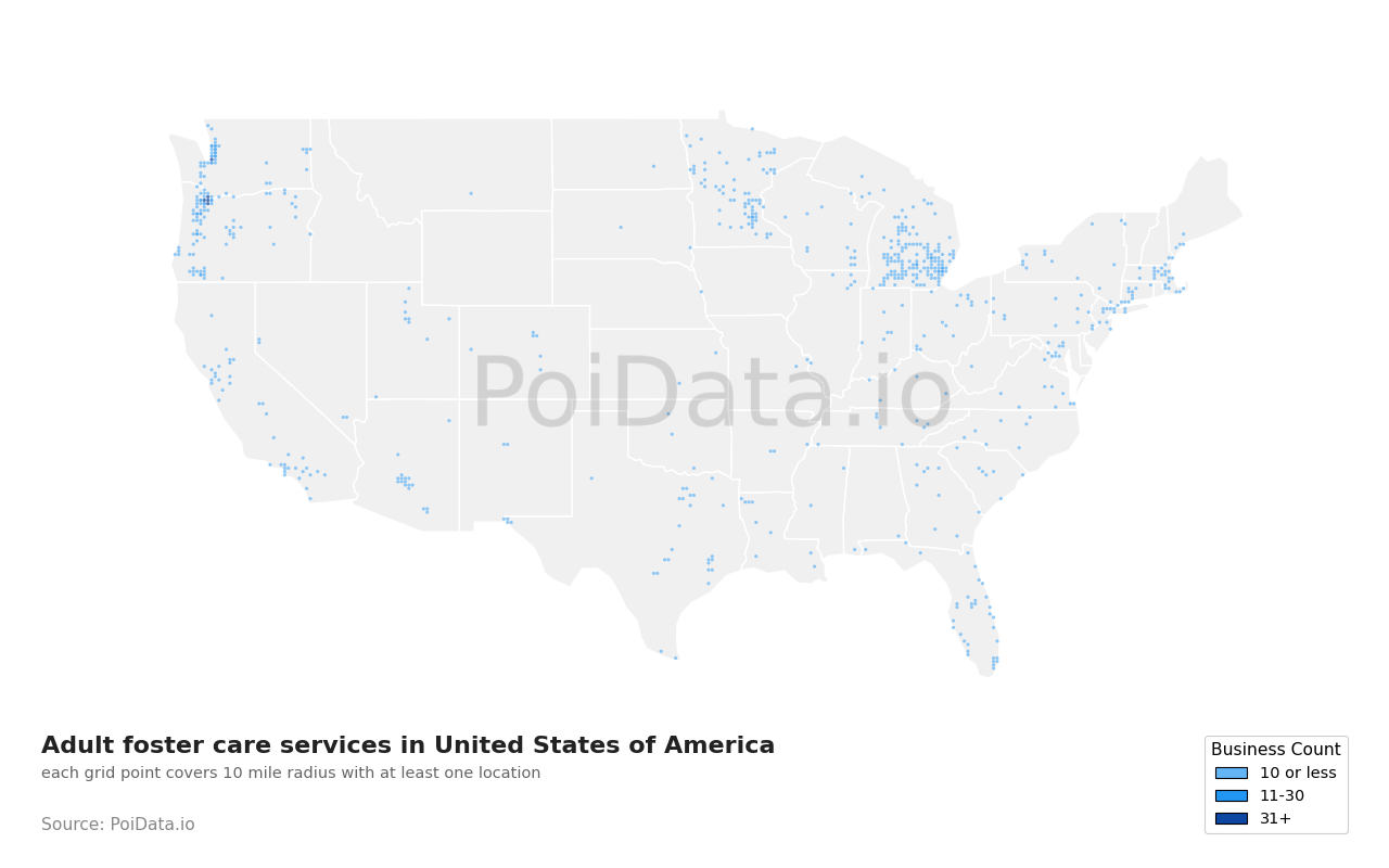 Adult foster care service density map for Tennessee, United States