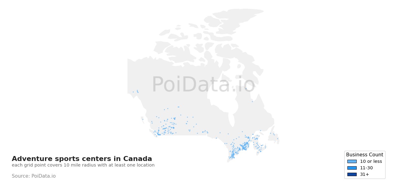 Adventure sports center density map for Canada