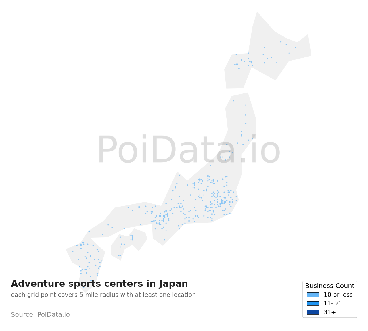 Adventure sports center density map for Japan
