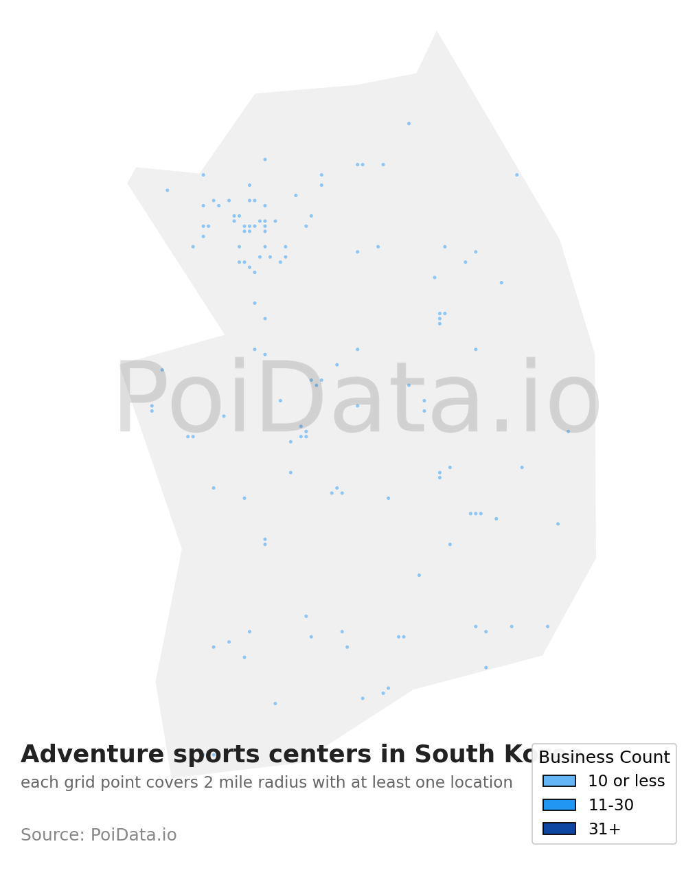 Adventure sports center density map for South Korea