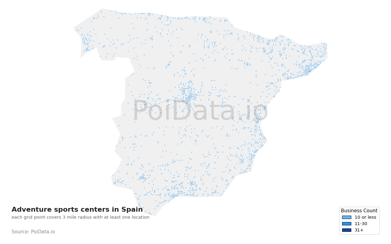 Adventure sports center density map for Spain