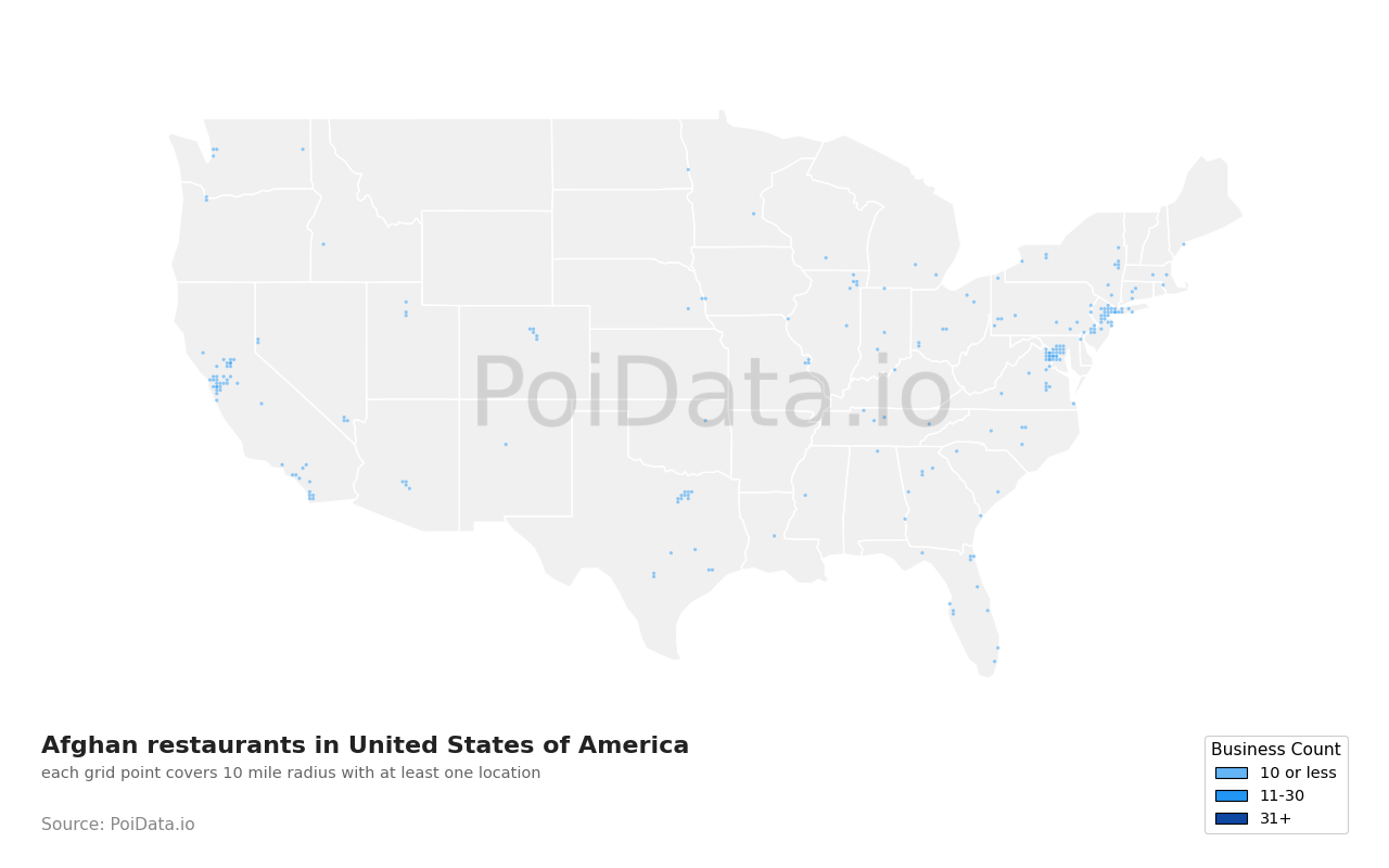 Afghan restaurant density map for Texas, United States