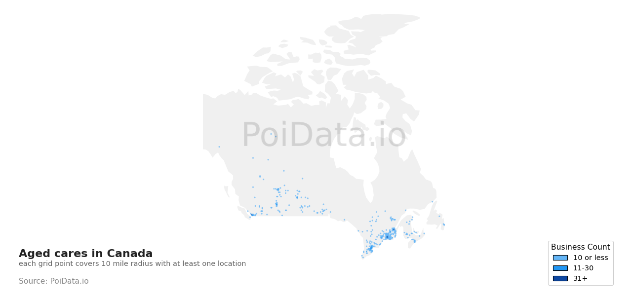 Aged care density map for Quebec, Canada