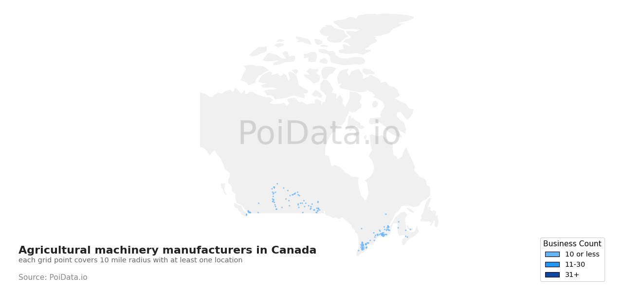 Agricultural machinery manufacturer density map for Canada