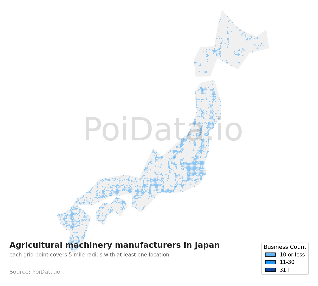 Agricultural machinery manufacturer density map for Japan