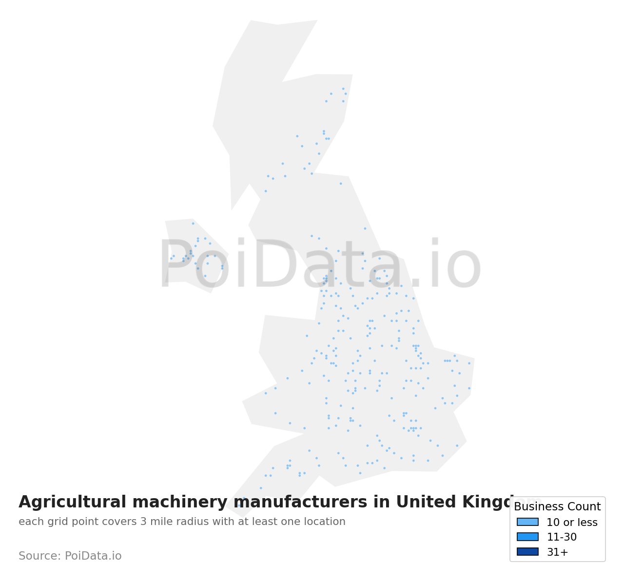 Agricultural machinery manufacturer density map for United Kingdom