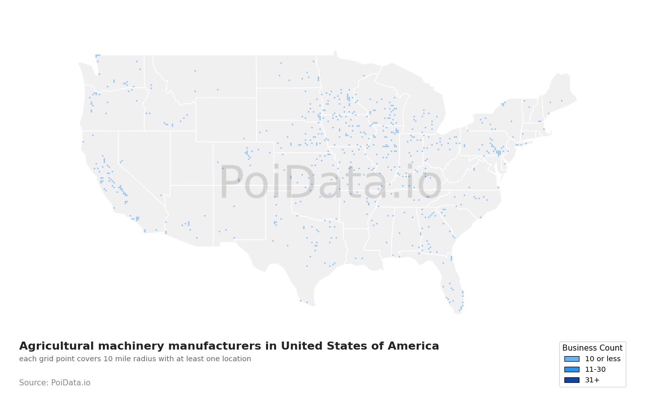 Agricultural machinery manufacturer density map for Texas, United States