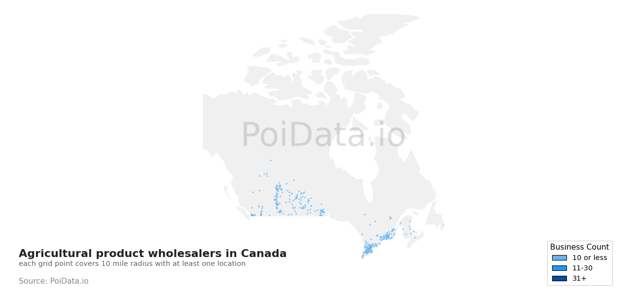 Agricultural product wholesaler density map for Canada