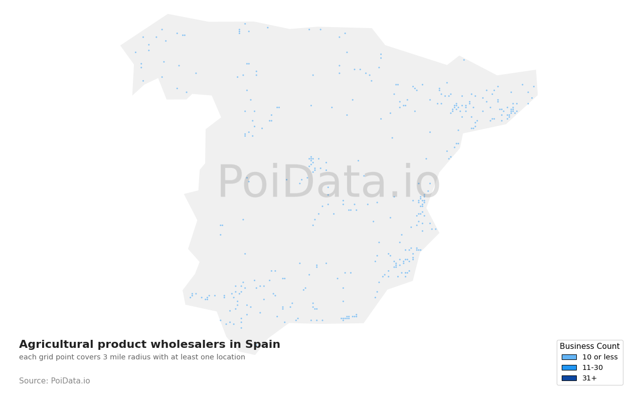Agricultural product wholesaler density map for Spain