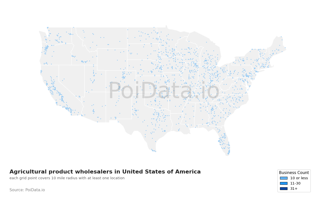 Agricultural product wholesaler density map for Texas, United States