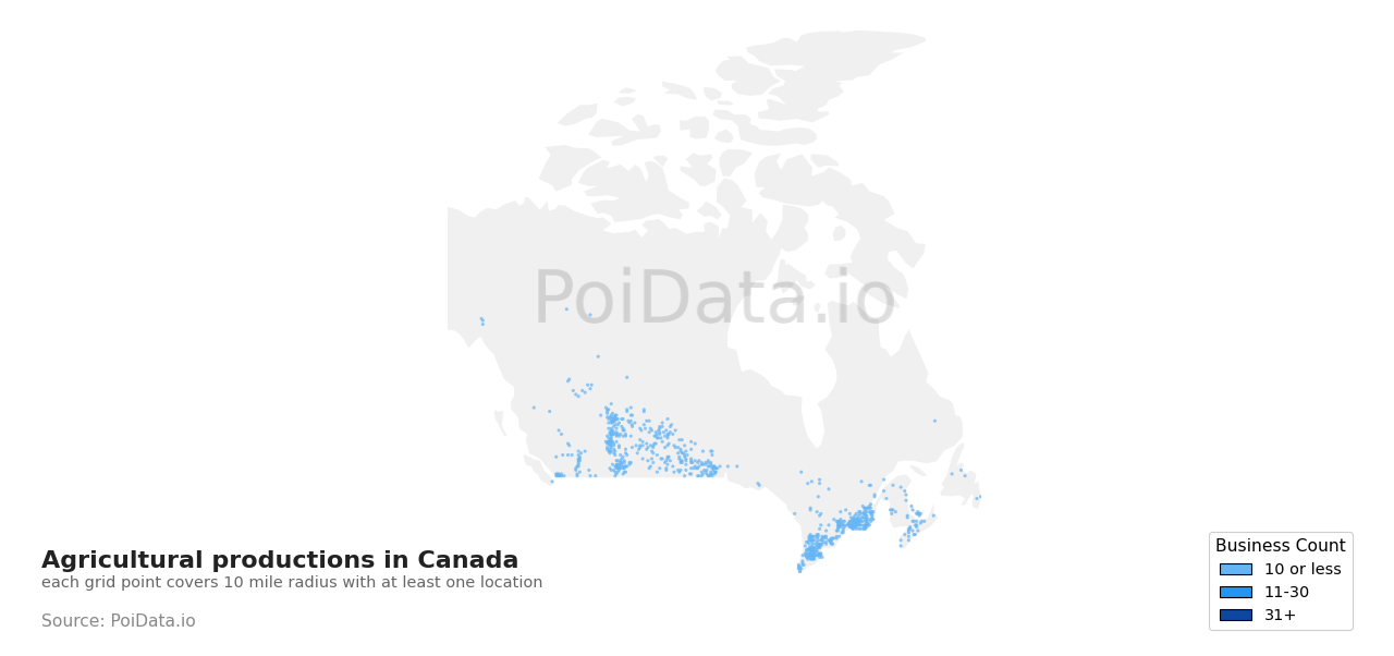 Agricultural production density map for British Columbia, Canada