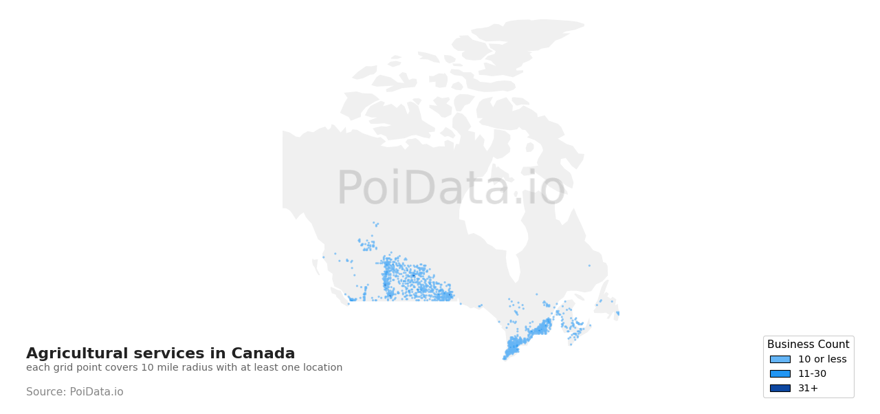 Agricultural service density map for Nova Scotia, Canada