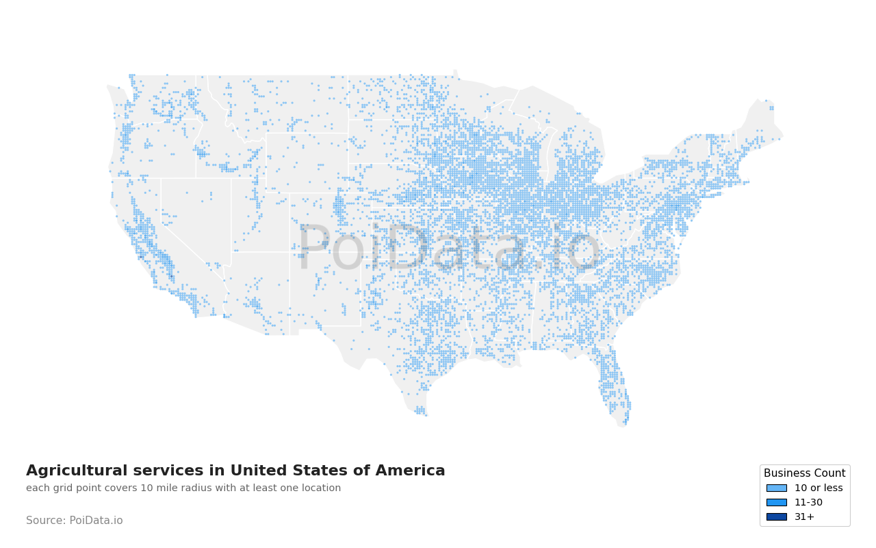 Agricultural service density map for Texas, United States