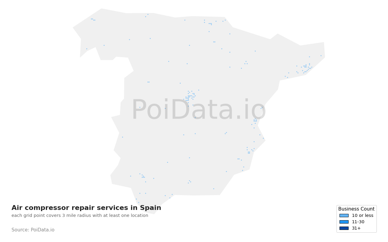 Air compressor repair service density map for Spain