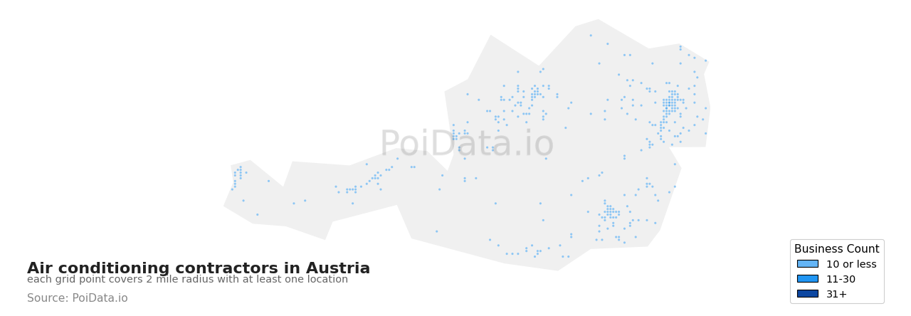 Air conditioning contractor density map for Austria