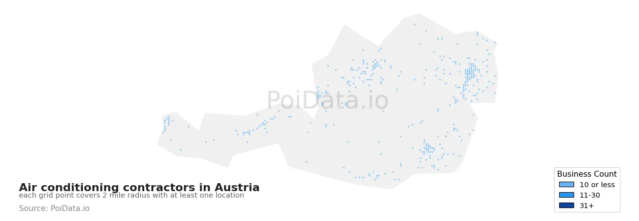 Air conditioning contractor density map for Austria