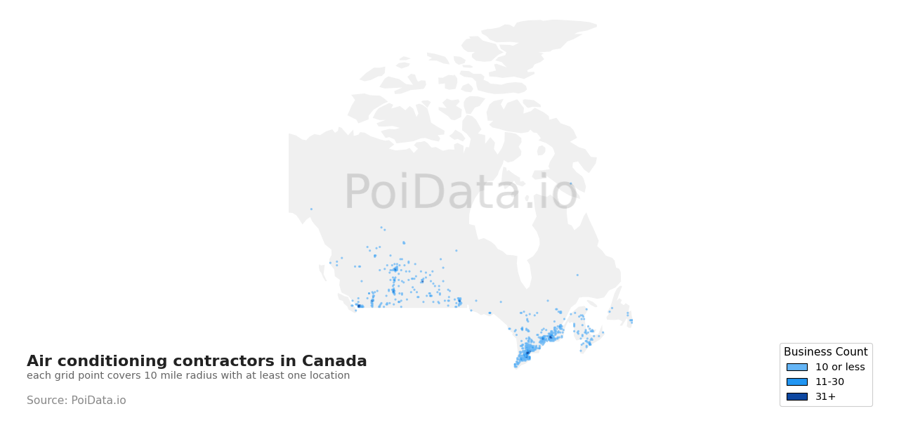Air conditioning contractor density map for Canada