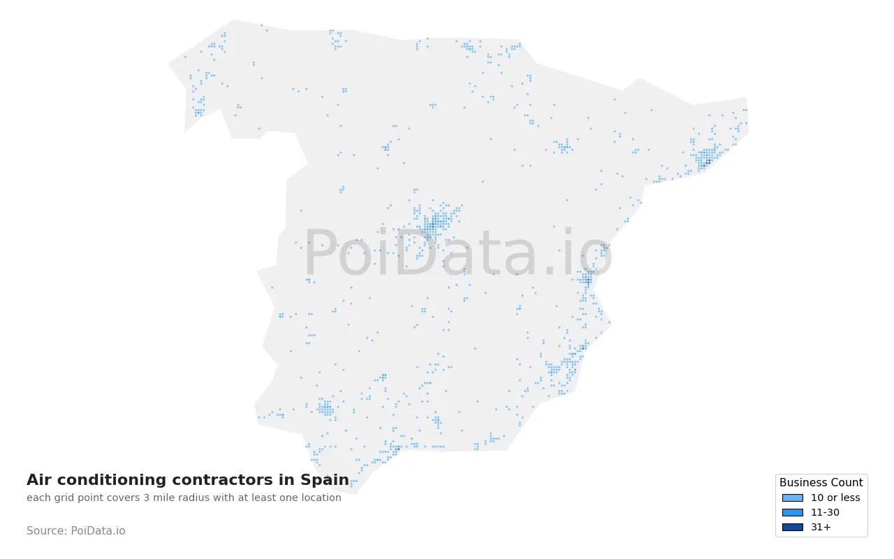 Air conditioning contractor density map for Spain