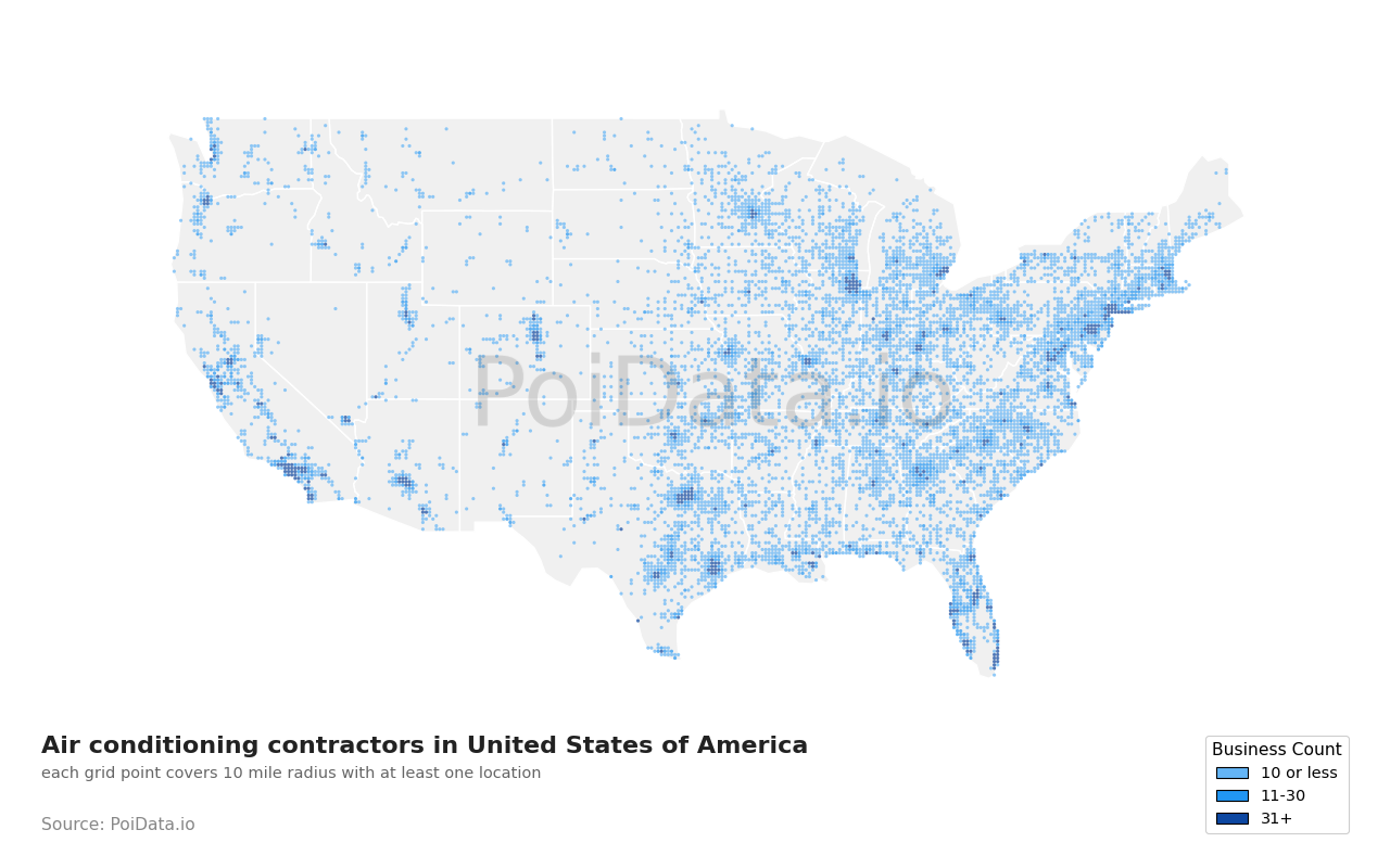 Air conditioning contractor density map for United States