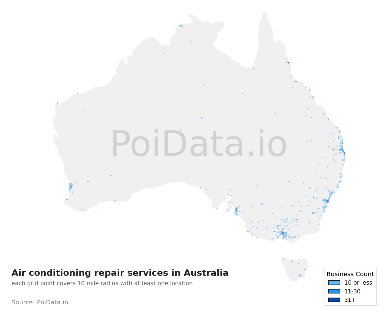 Air conditioning repair service density map for Australia