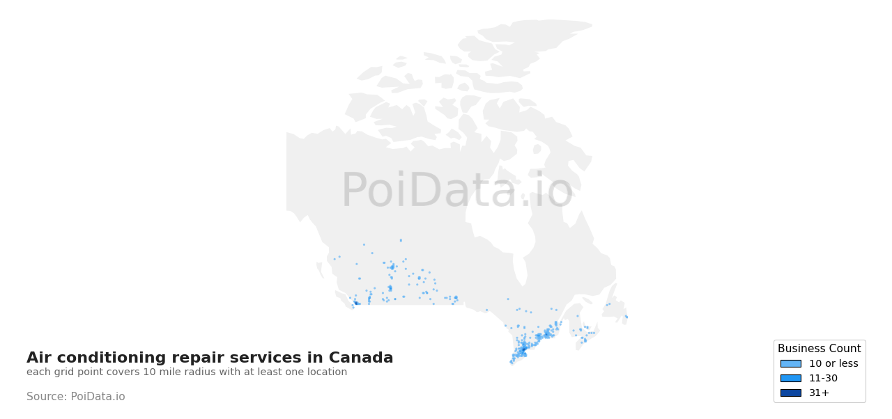 Air conditioning repair service density map for Canada