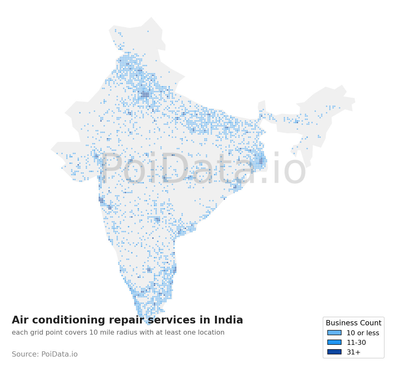 Air conditioning repair service density map for India