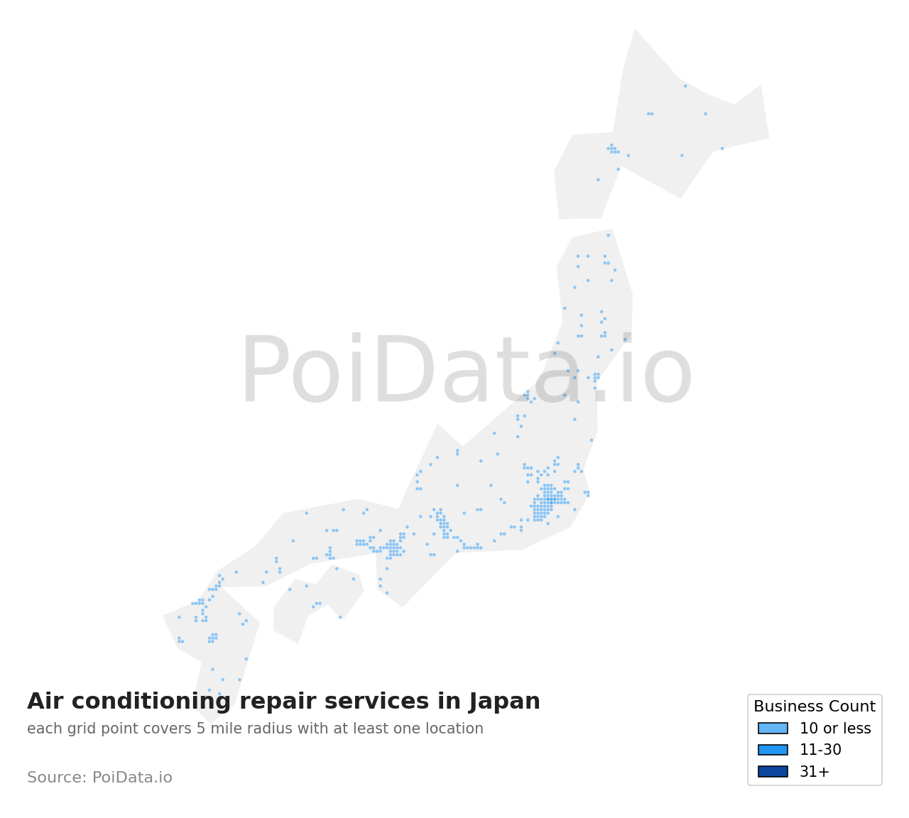 Air conditioning repair service density map for Japan