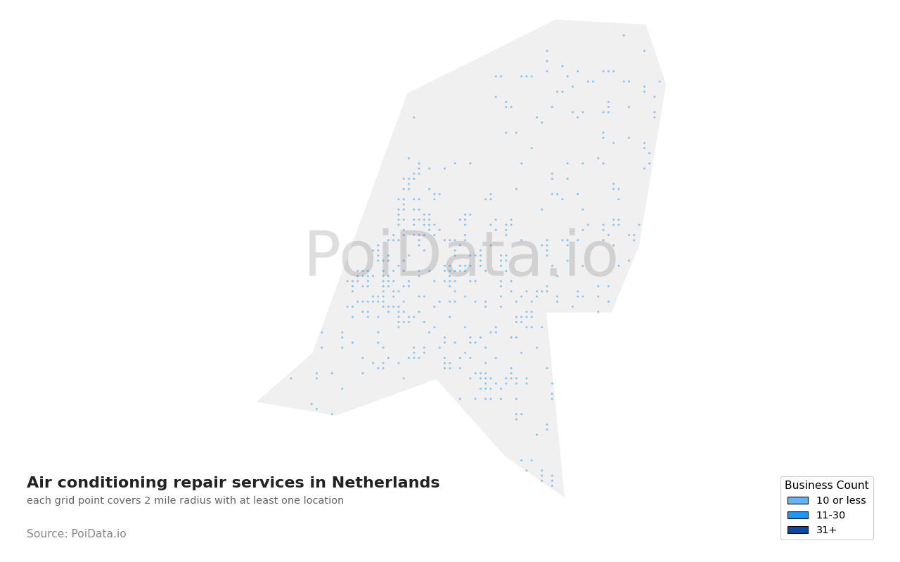 Air conditioning repair service density map for Netherlands