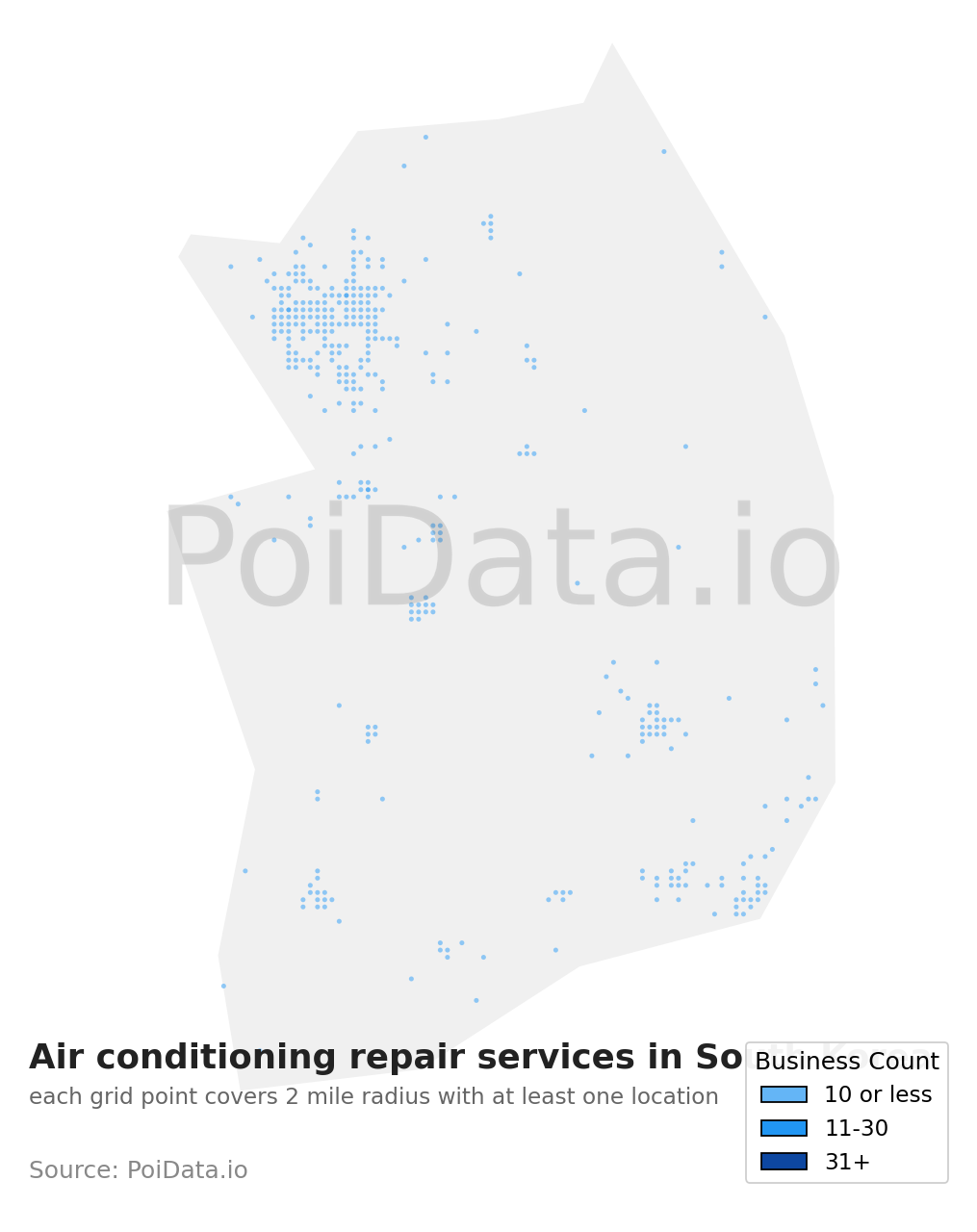 Air conditioning repair service density map for South Korea