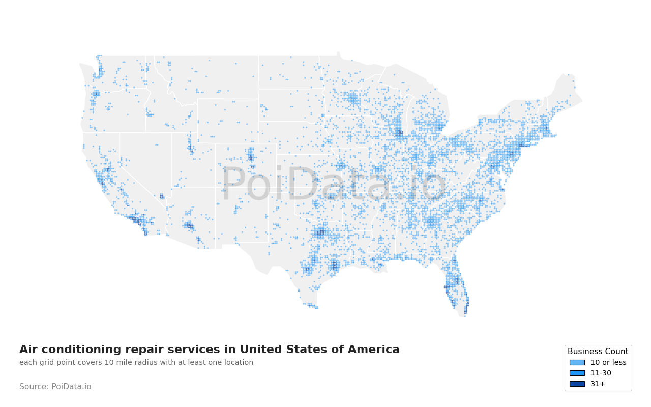 Air conditioning repair service density map for Washington, United States