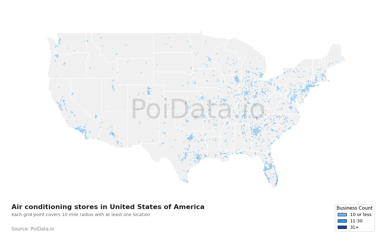 Air conditioning store density map for United States