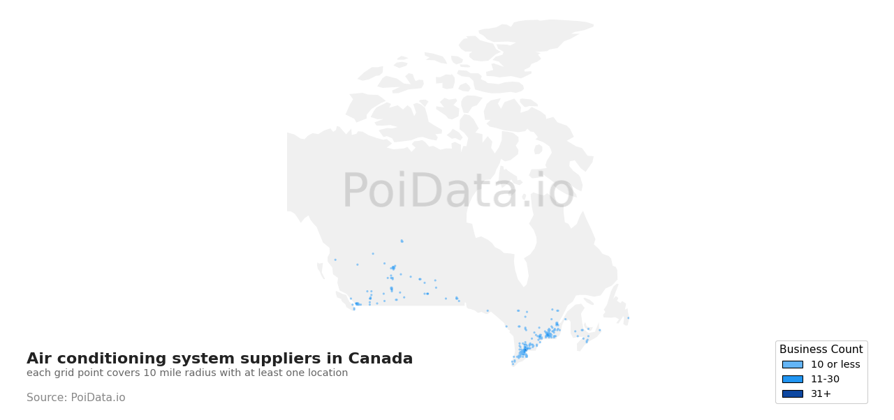 Air conditioning system supplier density map for New Brunswick, Canada