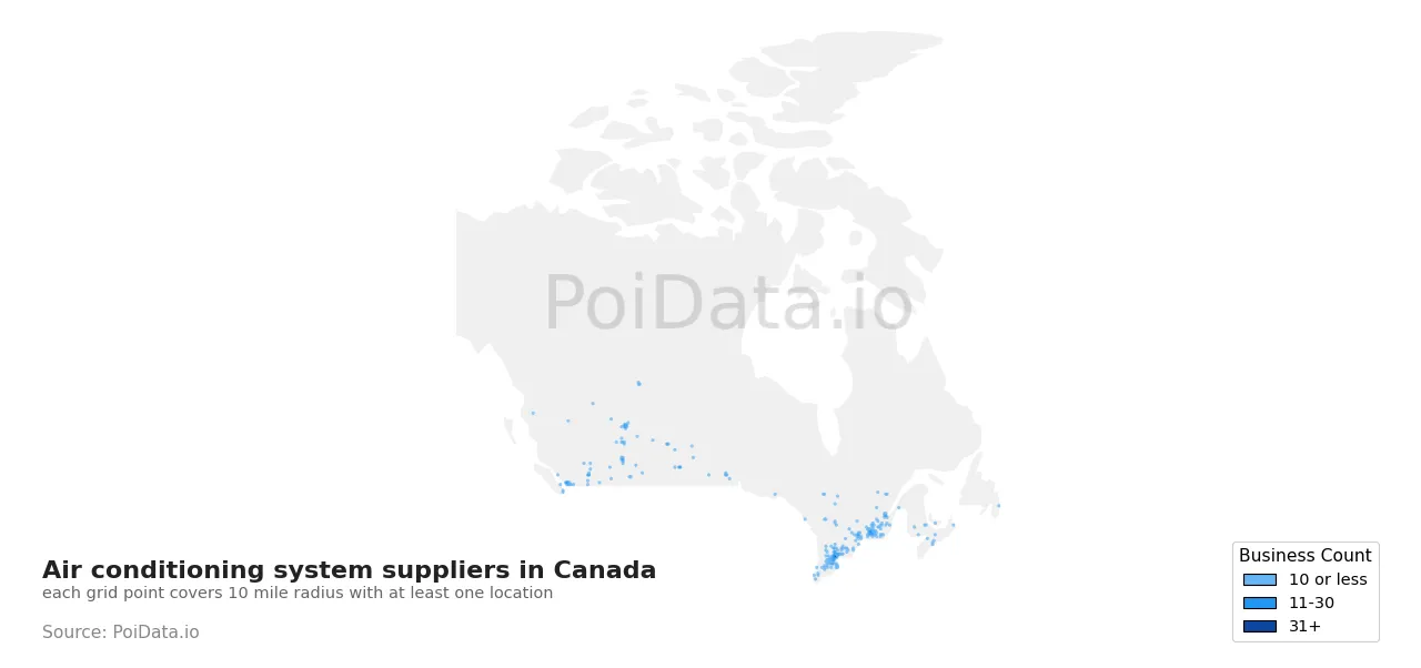 Air conditioning system supplier density map for Canada