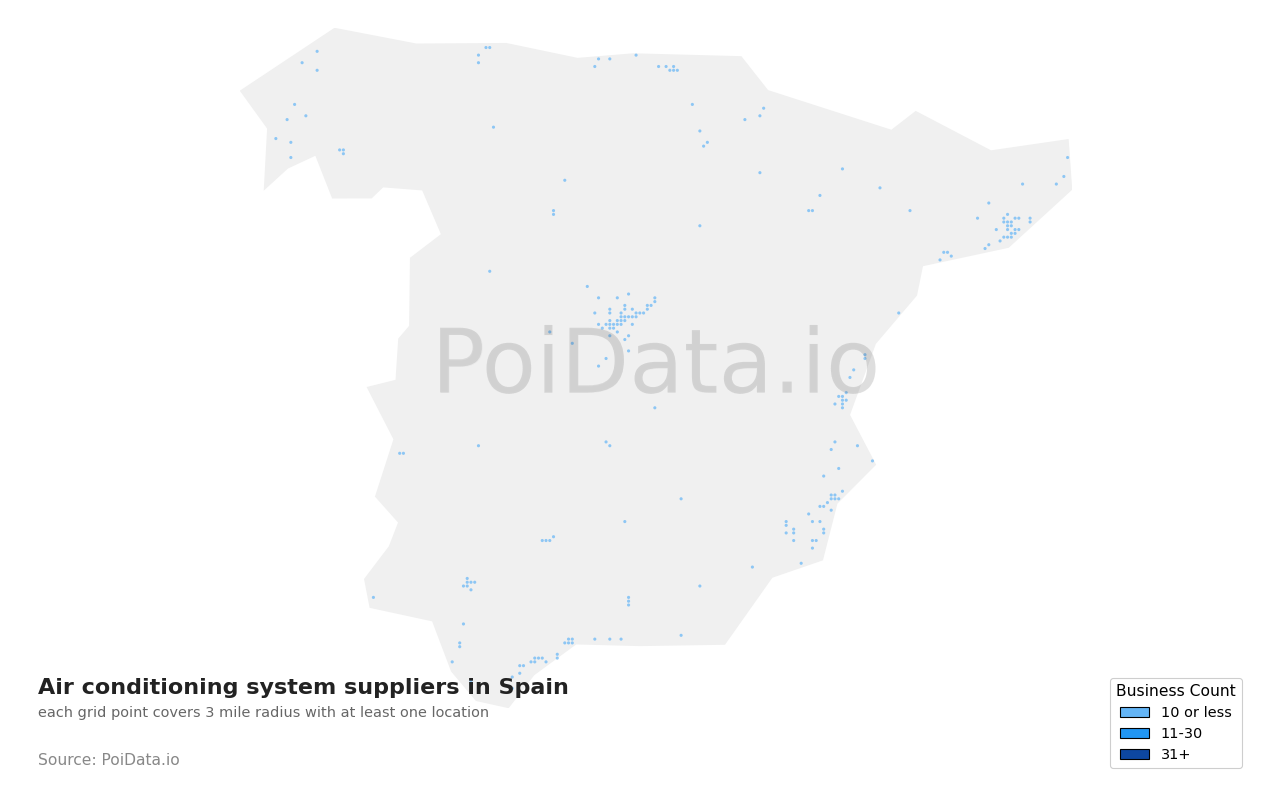 Air conditioning system supplier density map for Spain
