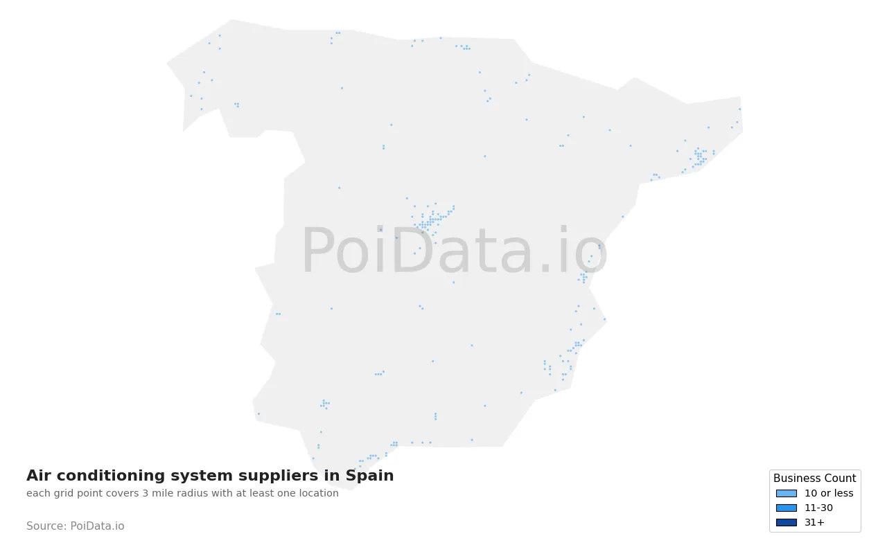 Air conditioning system supplier density map for Spain