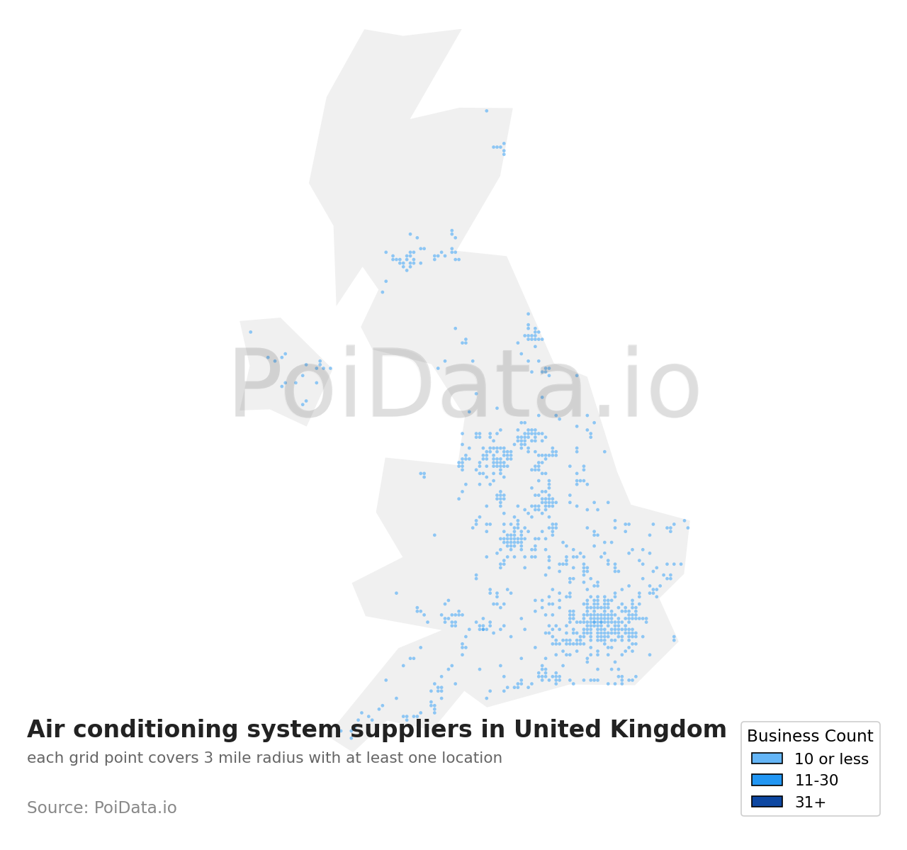 Air conditioning system supplier density map for United Kingdom