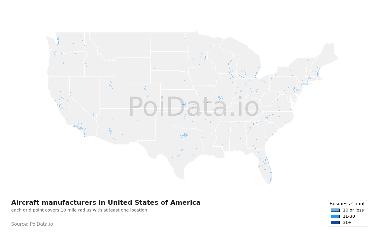 Aircraft manufacturer density map for United States