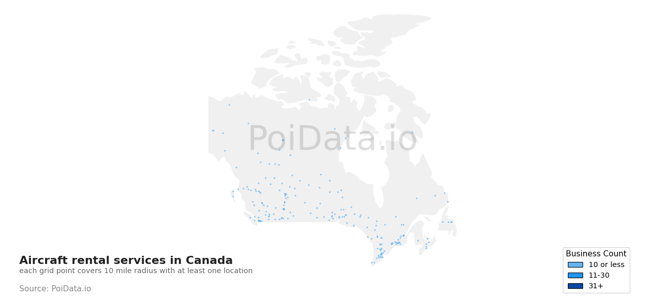 Aircraft rental service density map for Canada