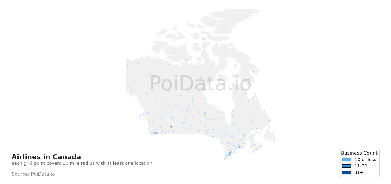 Airline density map for Canada