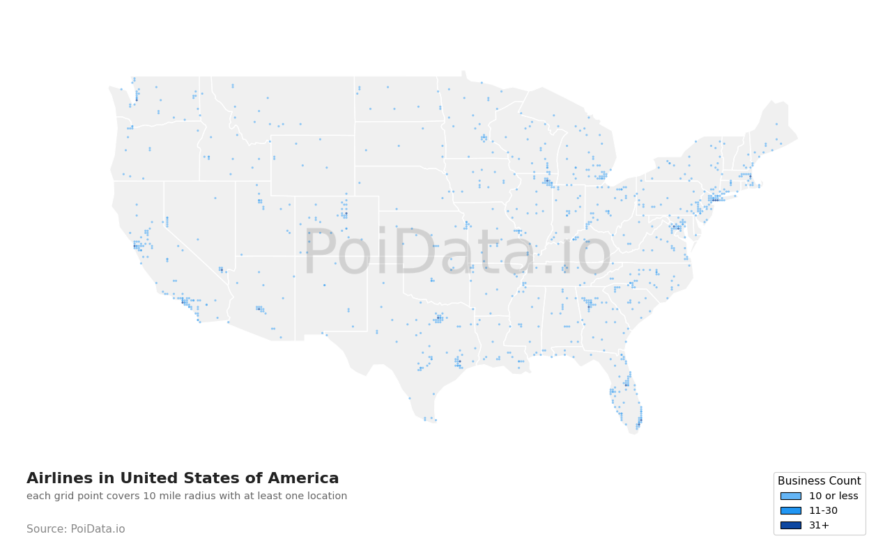 Airline density map for United States