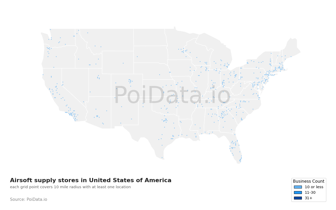 Airsoft supply store density map for California, United States